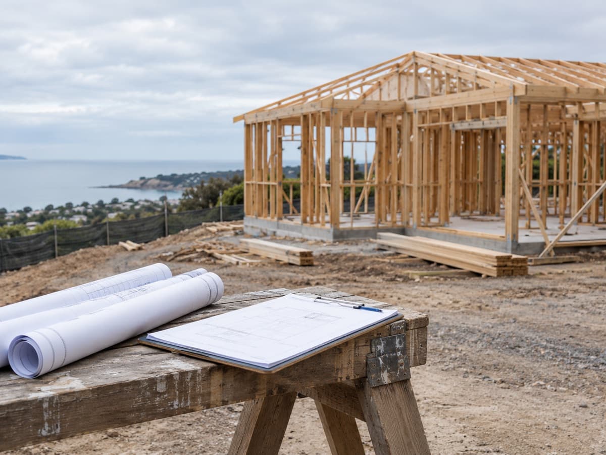 Plans and a clipboard on a sawhorse in front of a timber house frame on a coastal building site