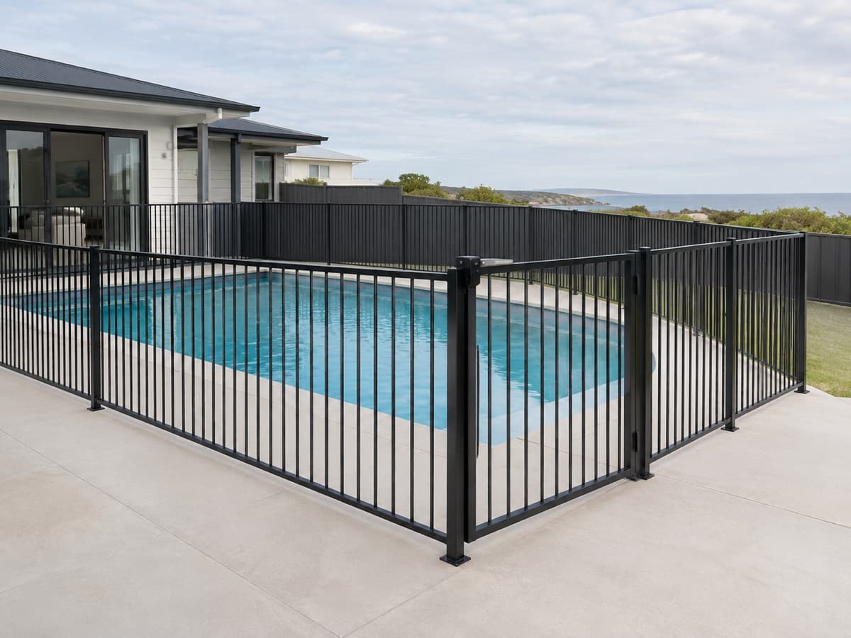 A black aluminium pool fence with a self-closing gate around a backyard pool